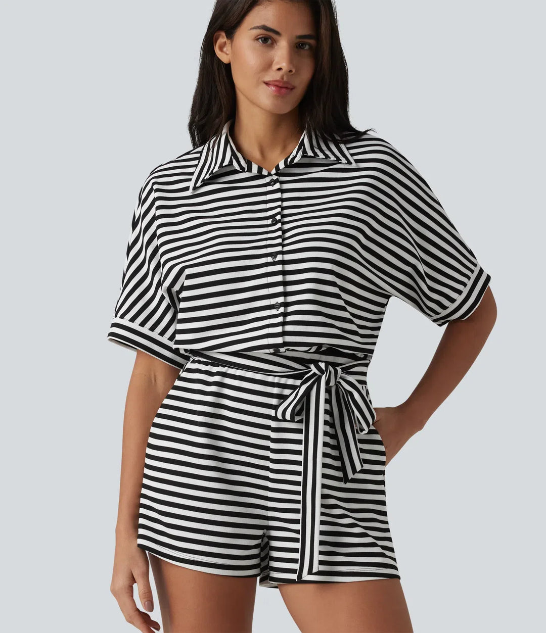 Halvlång ärm bältad randig våffelstruktur vardaglig playsuit med fickor-Easy Peezy Edition