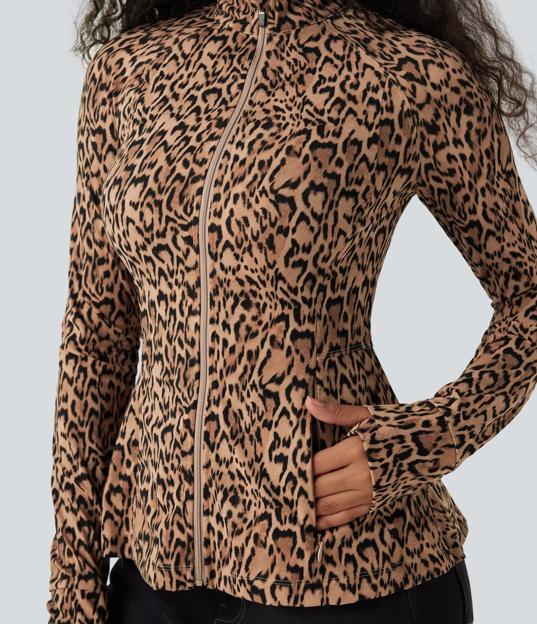 Lyckera UltraSculpt leopardmönster ståkrage långärmad tumhål vardaglig jacka med fickor