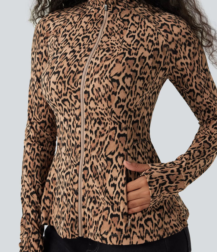 Lyckera UltraSculpt leopardmönster ståkrage långärmad tumhål vardaglig jacka med fickor