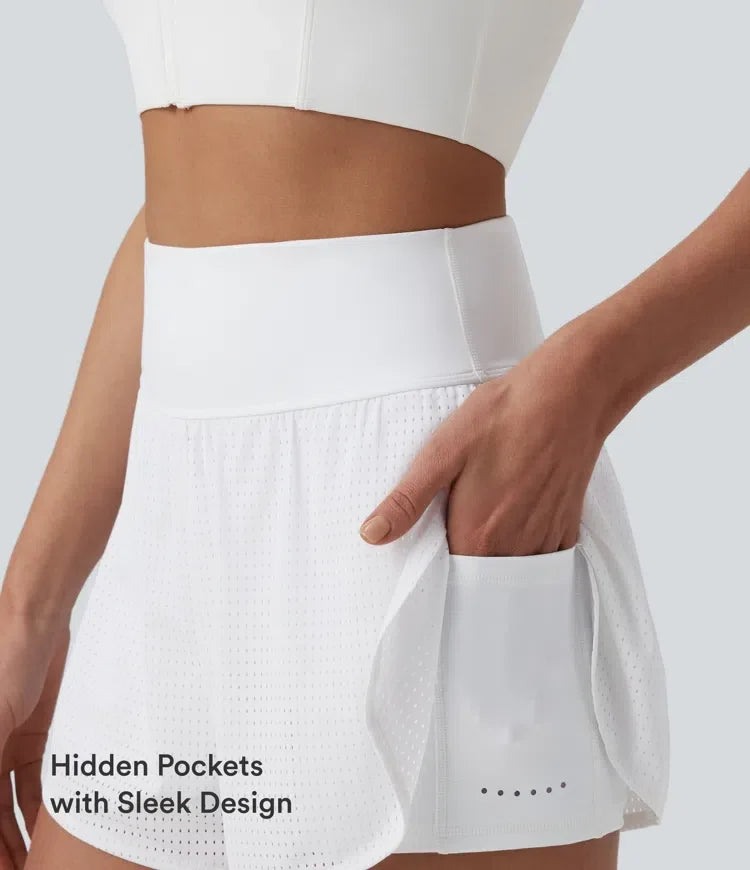 Med hög midja och magkontroll reflekterande prickar omlott rundad nederkant 2-i-1 hålbroderi yogashorts med fickor