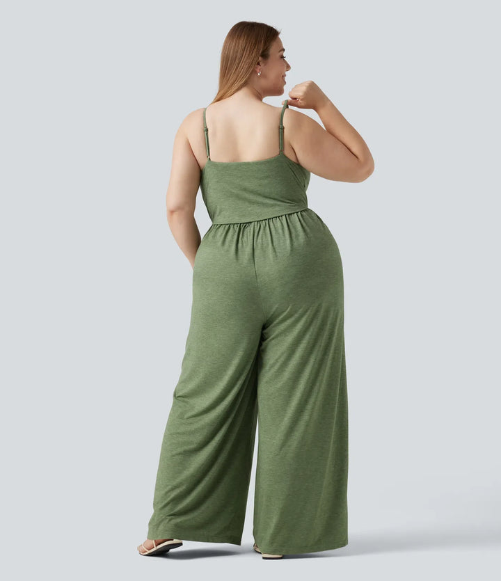 Plusstorlek inbyggd bh rynklad vida ben melerad jumpsuit för vardag med fickor – Easy Peezy-utgåva