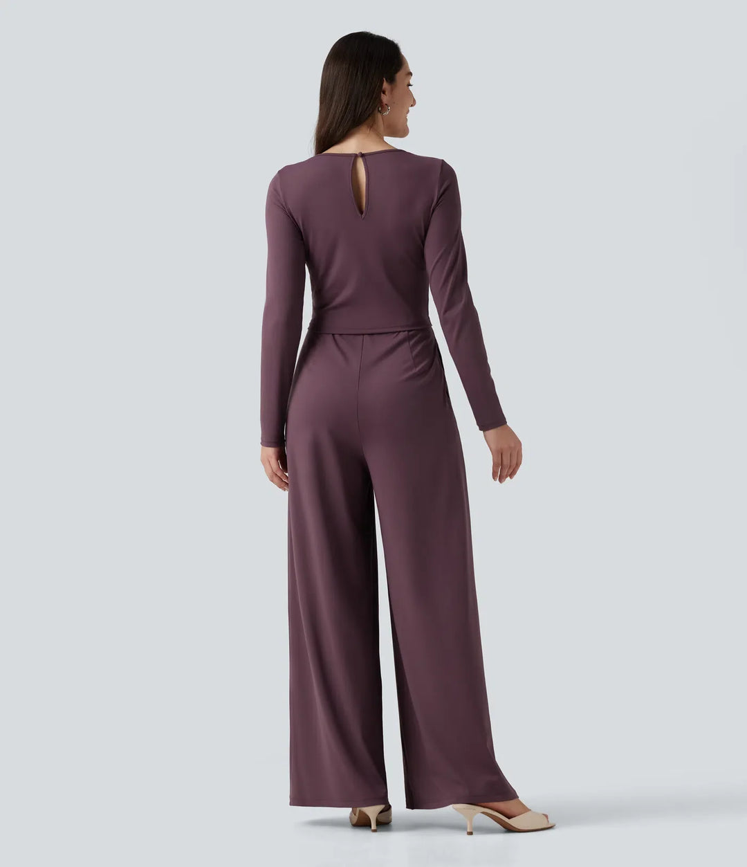 Rund hals långärmad vida ben vardaglig jumpsuit med fickor-Easy Peezy Edition