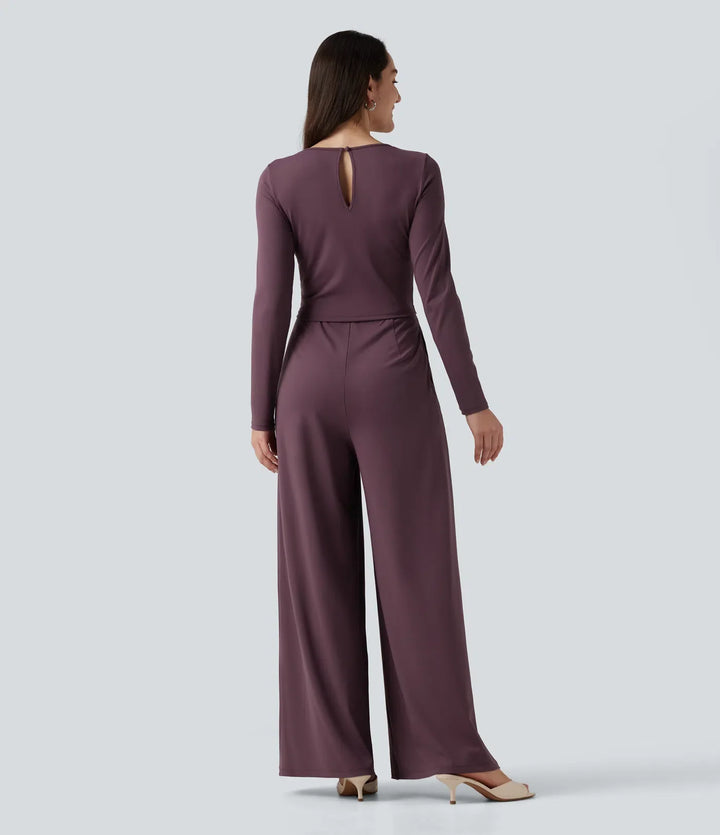 Rund hals långärmad vida ben vardaglig jumpsuit med fickor-Easy Peezy Edition