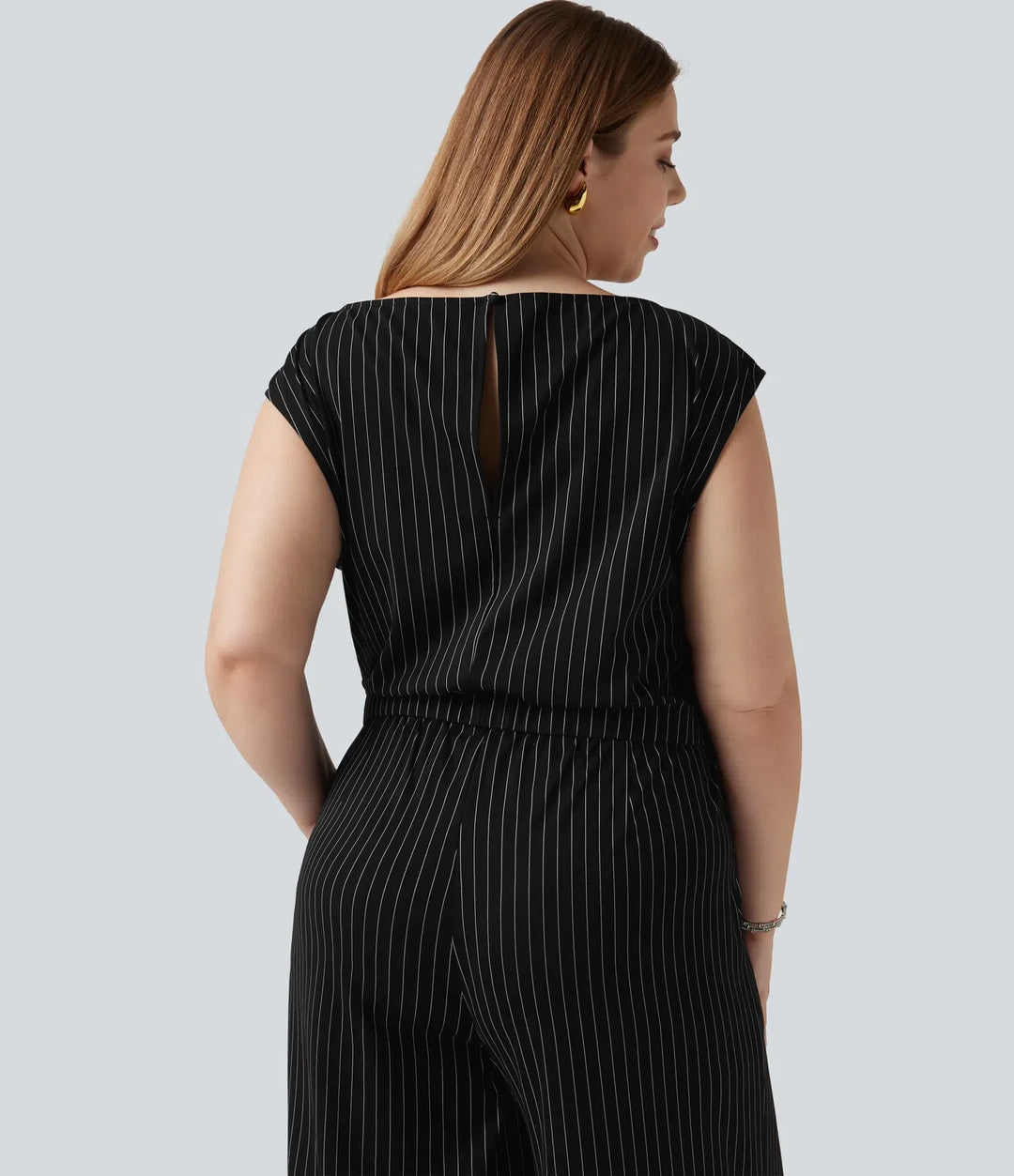Plusstorlek båtringning ärmlös knyt sida InstantCool rand för arbete jumpsuit med fickor – Easy Peezy-utgåva