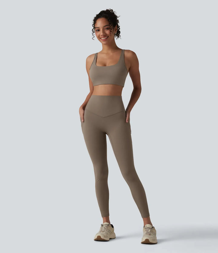 Halara UltraSculpt med hög midja och magkontroll kontrast ribbad yoga 7/8 leggings med fickor