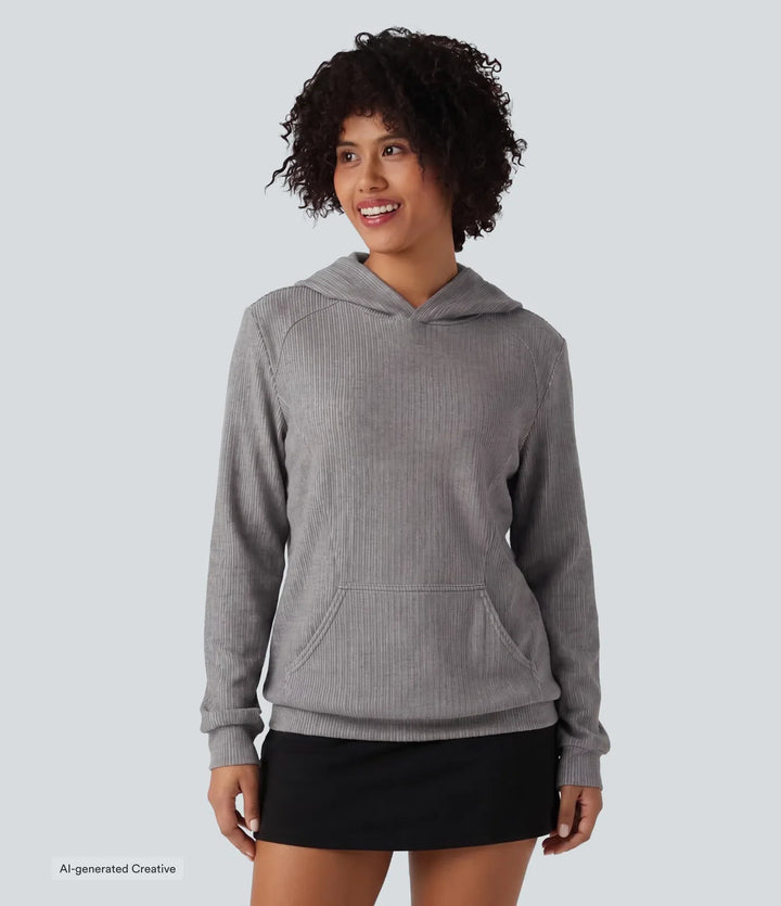 Ribbad med huva långärmad vardaglig sweatshirt med ficka