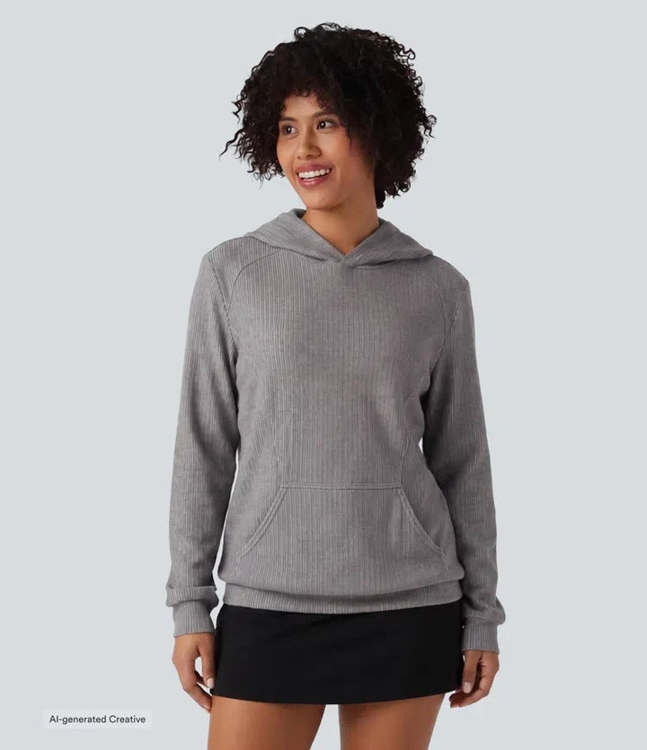Ribbad med huva långärmad vardaglig sweatshirt med ficka