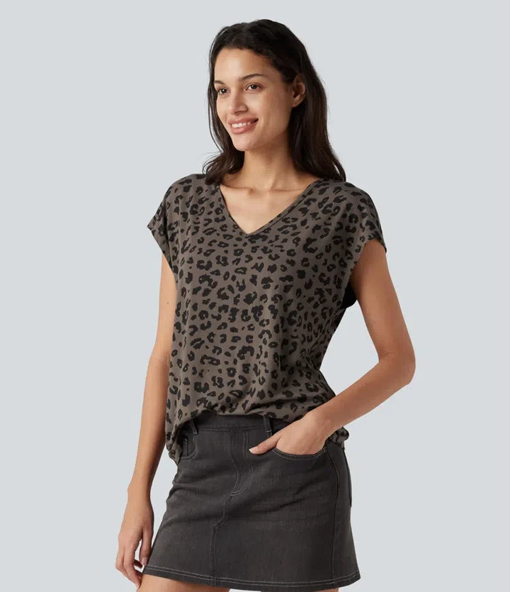 V-ringning kortärmad leopardmönstrad T-shirt för vardag