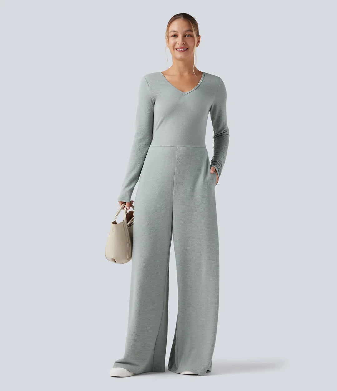 V-ringad långärmad vardaglig jumpsuit med fickor-Easy Peezy Edition