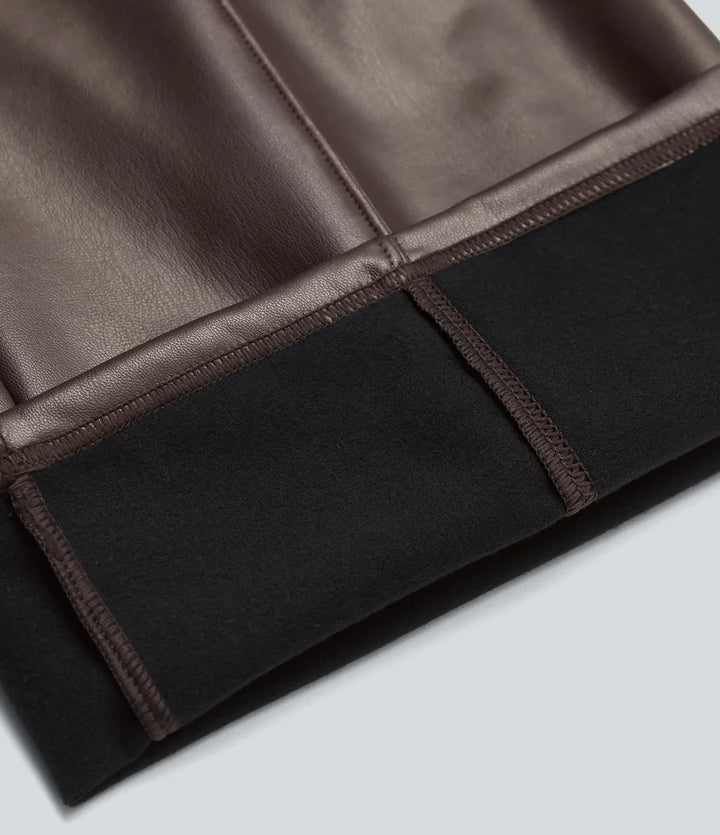 Högmidjad magkontroll stretchig PU fleece vardaglig utsvängda byxor med fickor