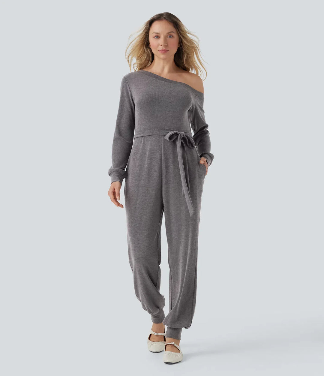 Bara axlar långärmad knyt vardaglig jumpsuit med fickor