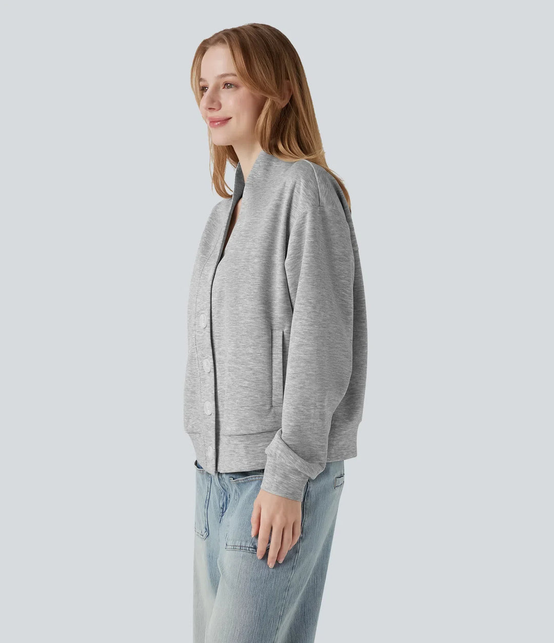 V-ringad långärmad knapp gylf vardaglig sweatshirt med fickor