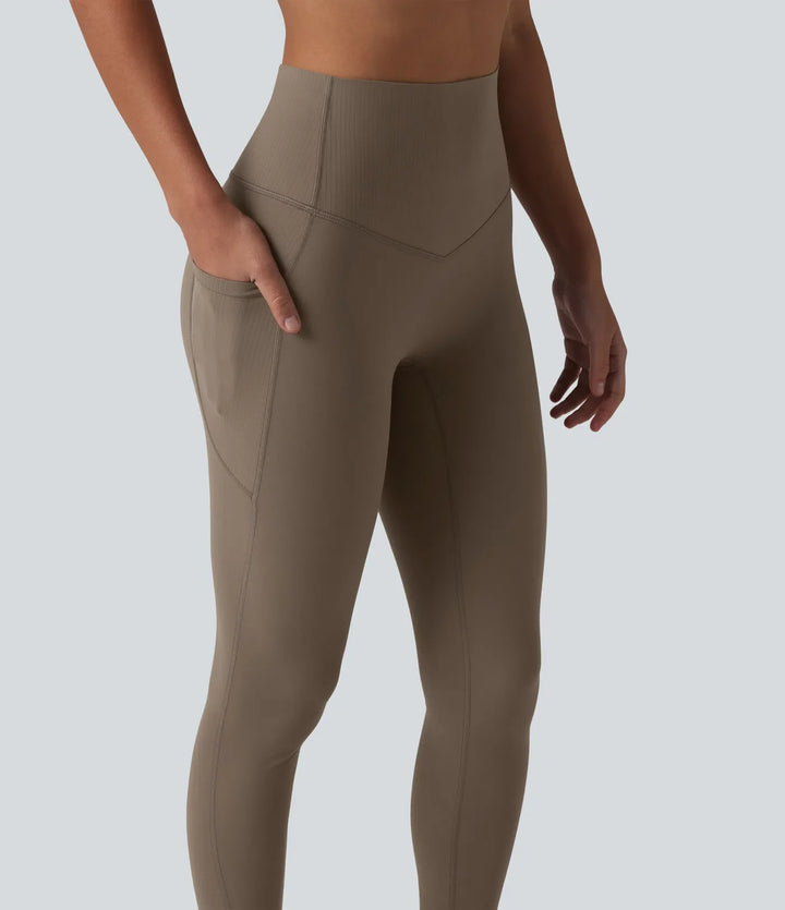 Halara UltraSculpt med hög midja och magkontroll kontrast ribbad yoga 7/8 leggings med fickor
