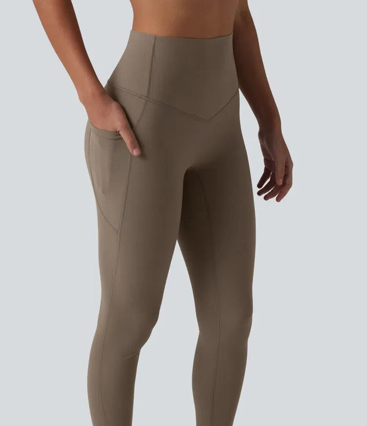 Halara UltraSculpt med hög midja och magkontroll kontrast ribbad yoga 7/8 leggings med fickor