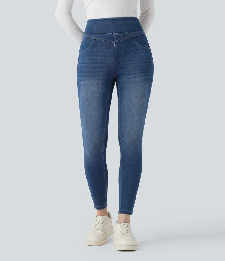 Lyckera Flex högmidjad denim vardaglig skinny 7/8 leggings med fickor