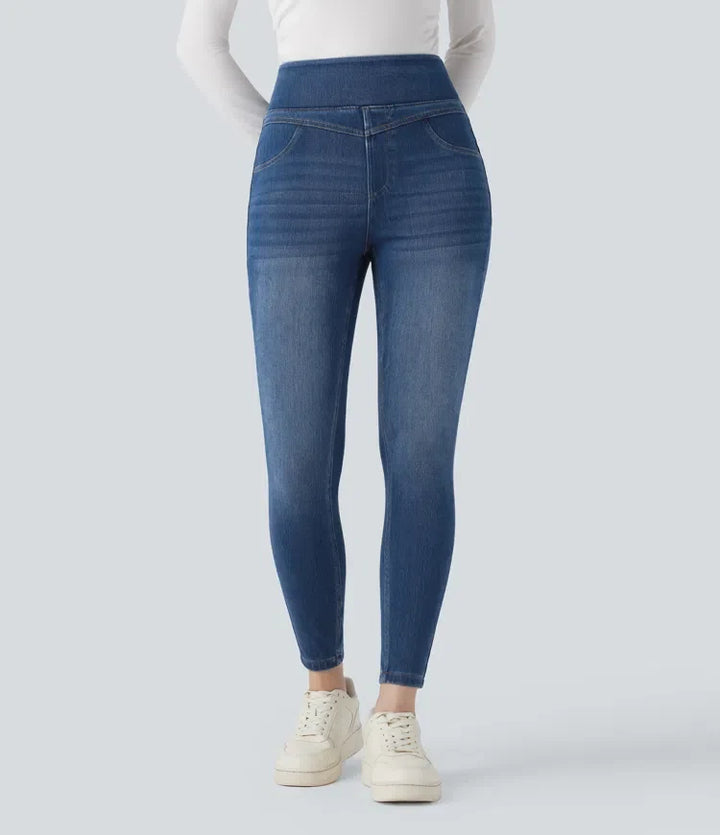 Lyckera Flex högmidjad denim vardaglig skinny 7/8 leggings med fickor