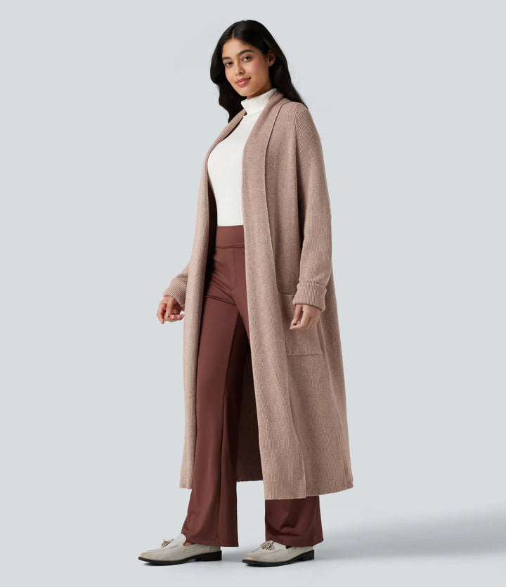 Långärmad arbete lång modell cardigan med fickor