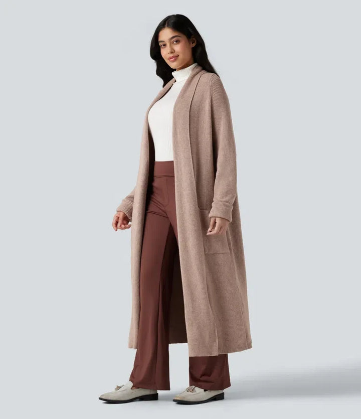 Långärmad arbete lång modell cardigan med fickor