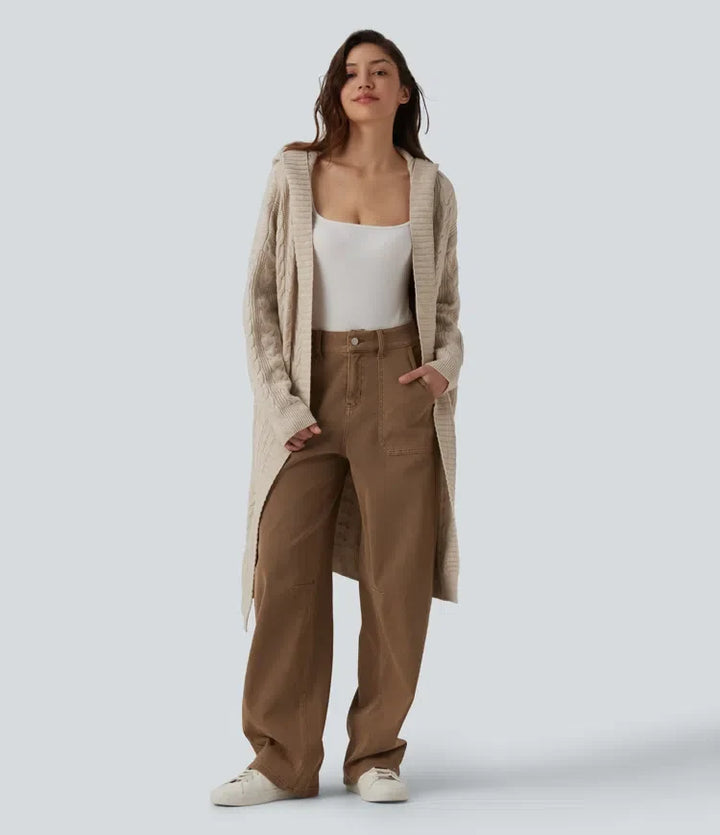 Med huva långärmad lång modell vardaglig cardigan med fickor