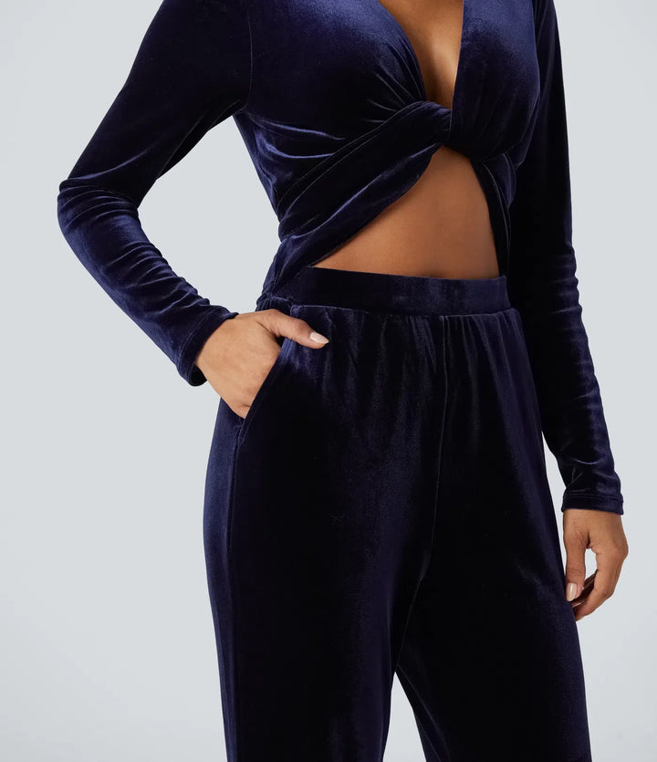 Djup V-ringning långärmad vriden knytning i ryggen sammet fest jumpsuit med fickor-Easy Peezy