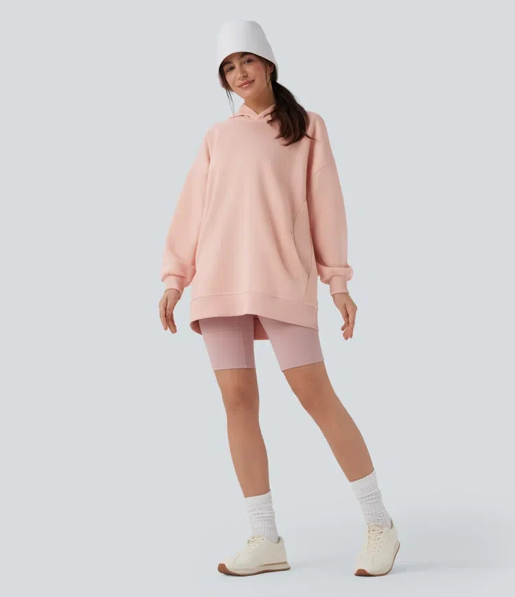 Med huva långärmad oversized fleece vardaglig sweatshirt med fickor