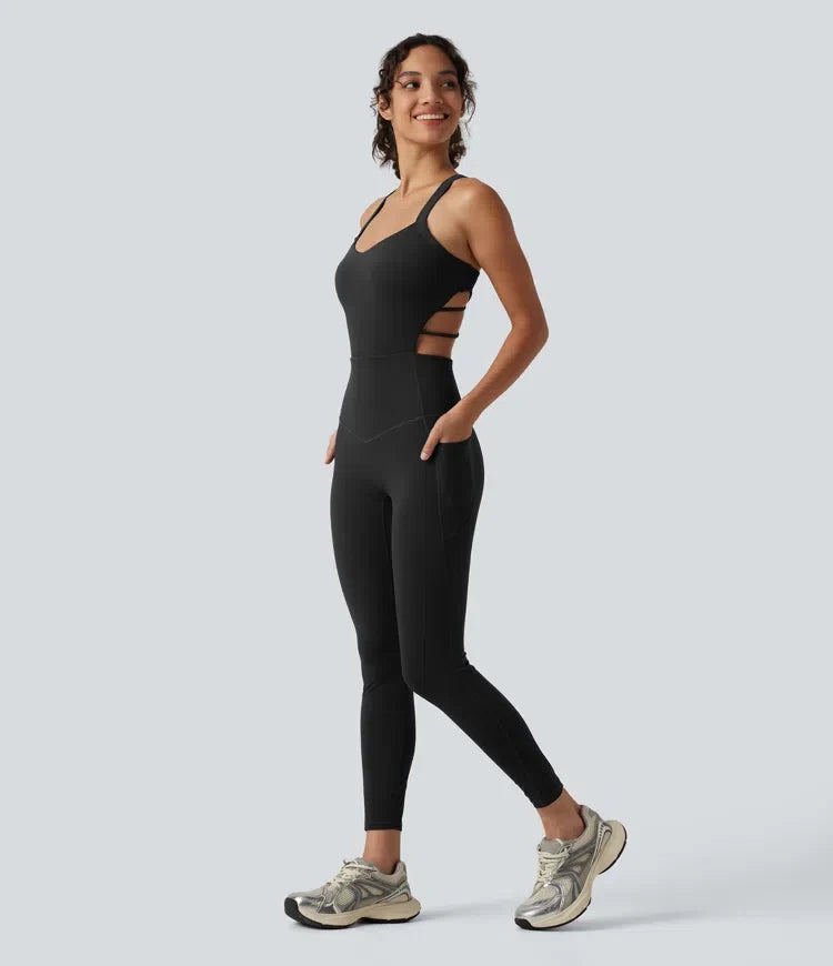 Halara UltraSculpt inbyggd bh magkontroll träning jumpsuit med fickor – Easy Peezy-utgåva