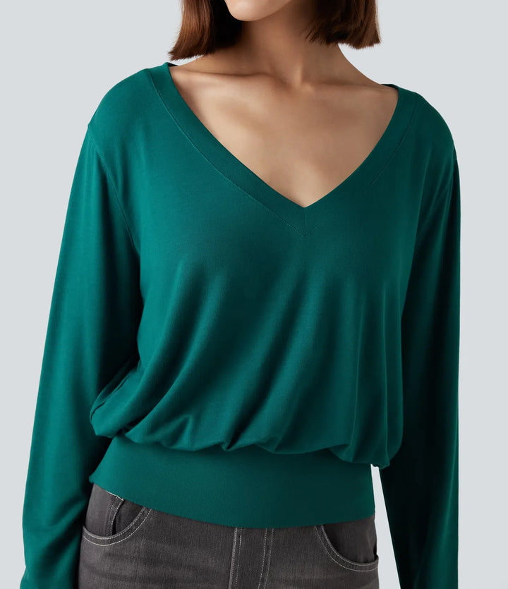 V-ringad långärmad vardaglig sweatshirt