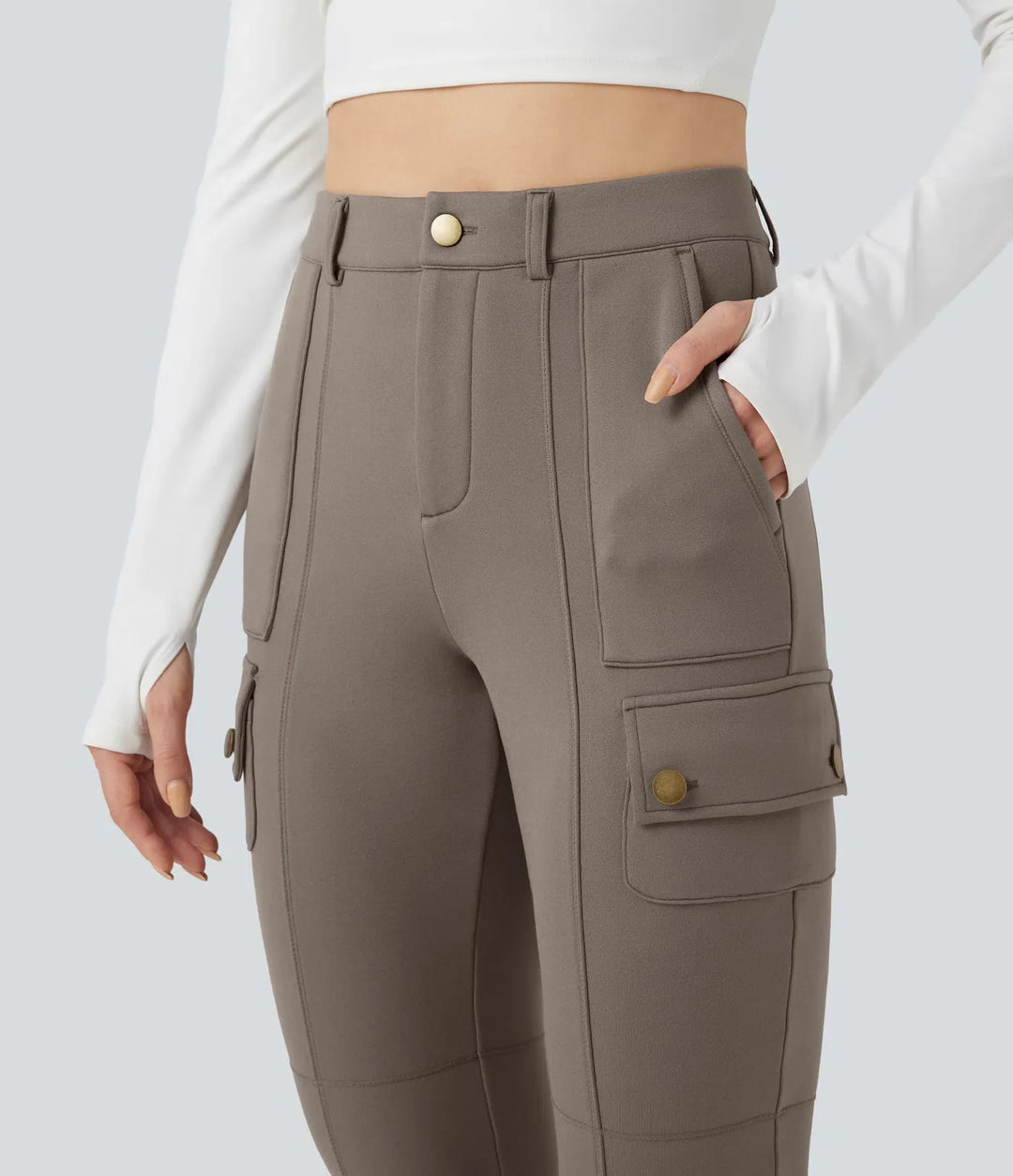 Högmidjad skinny fleece vandring cargo byxor med fickor