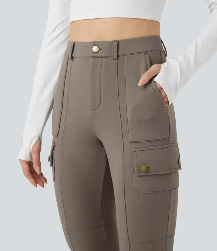 Med hög midja smal fleece vandring cargo byxor med fickor