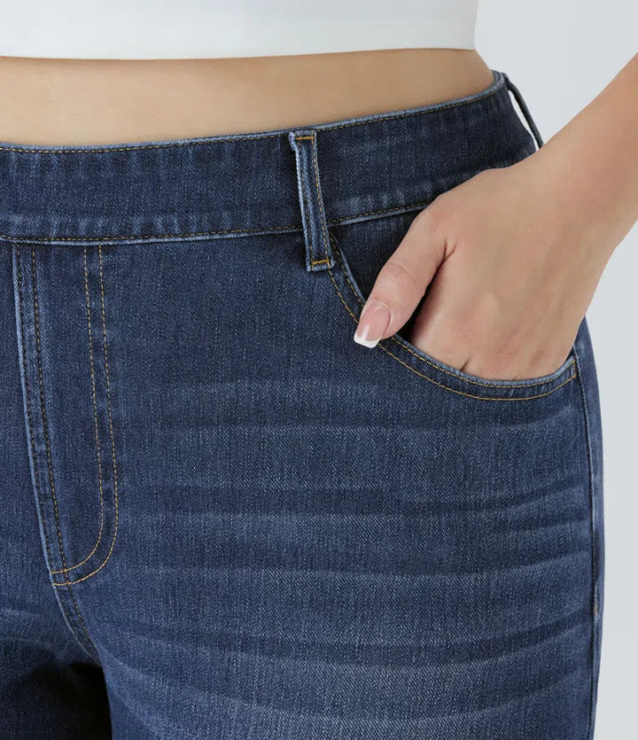 Lyckera Flex högmidjad fickor raka ben tvättad vardaglig plusstorlek jeans