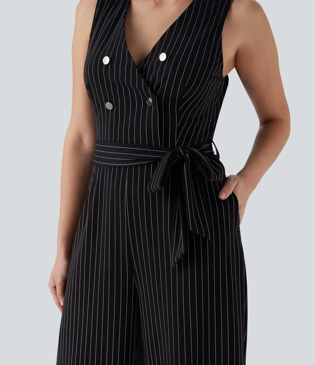 V-ringad ärmlös bältad randig InstantCool arbetsjumpsuit med fickor-Easy Peezy