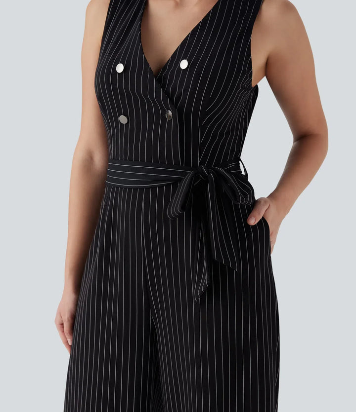 V-ringad ärmlös bältad randig InstantCool arbetsjumpsuit med fickor-Easy Peezy