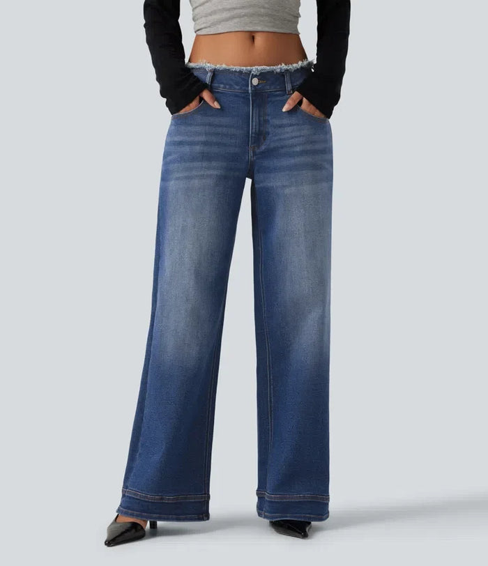 Med låg midja rå fåll vida ben vardagsjeans med fickor