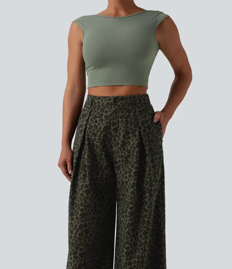 Med medelhög midja vida ben baggy leopardmönstrad vardagsbyxor med fickor