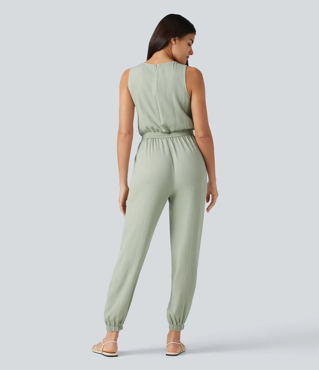 Rund hals ärmlös dragsko linnekänsla vardaglig jumpsuit med fickor