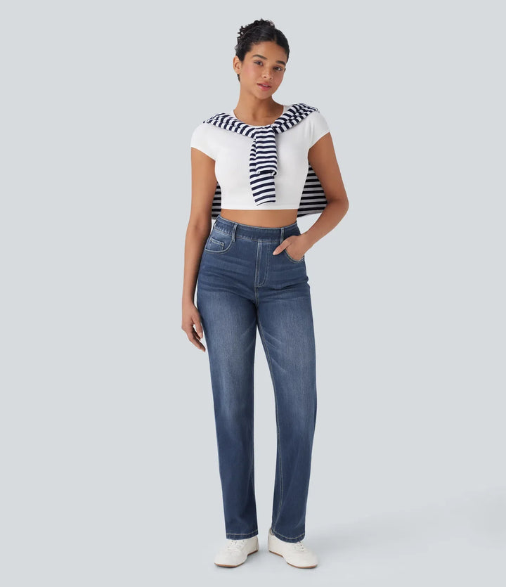 Halara Flex med hög midja, magkontroll och fickor raka ben tvättad vardagsjeans