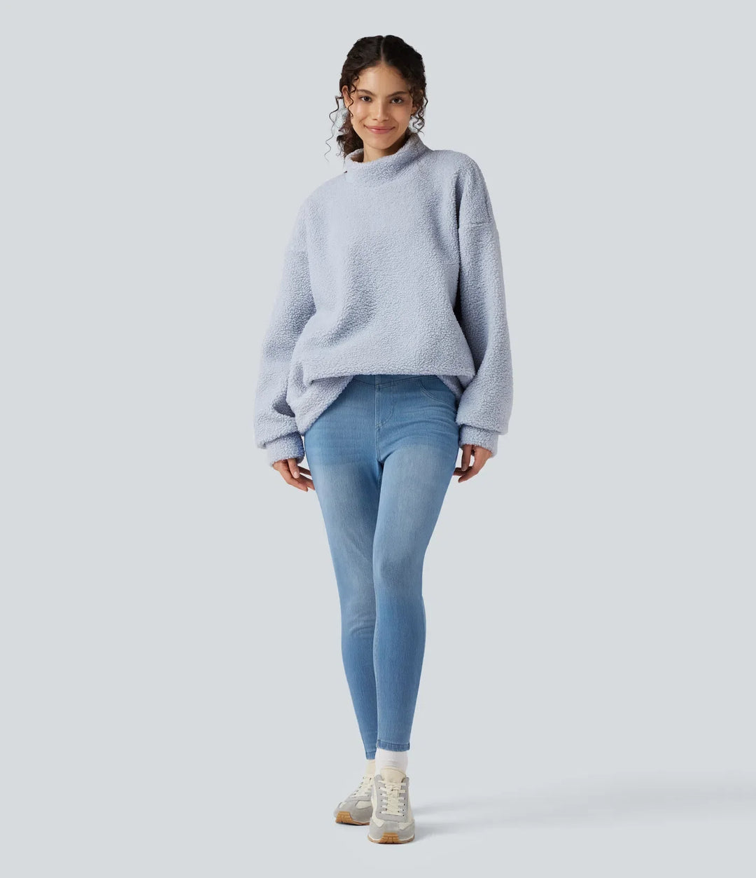 Halvpolo långärmad vardaglig sherpa sweatshirt med fickor
