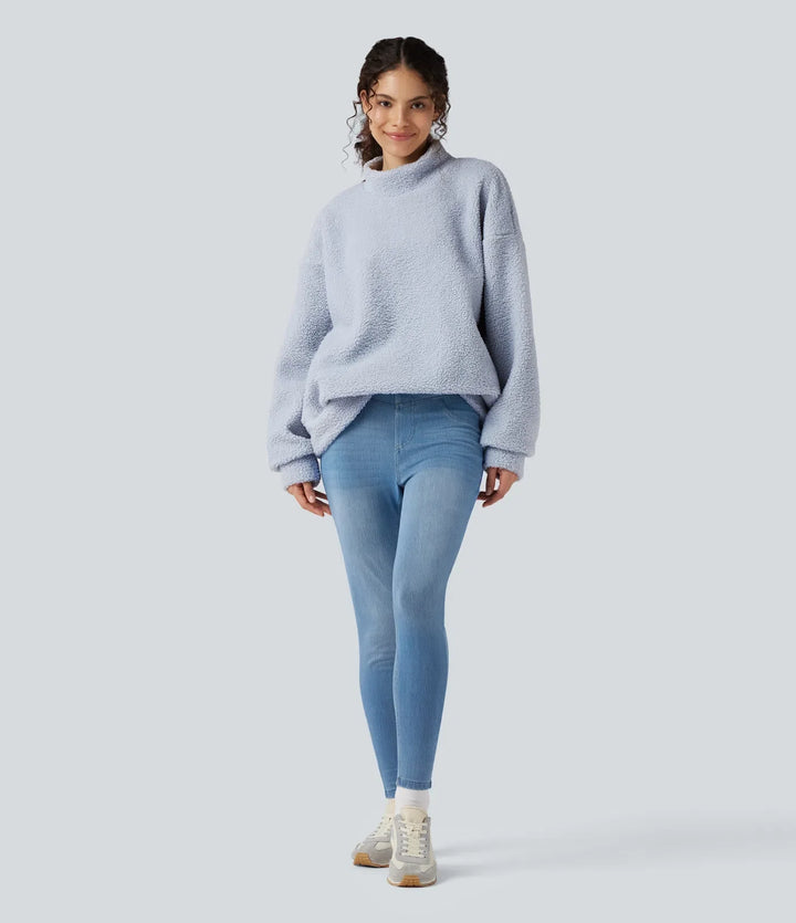 Halvpolo långärmad vardaglig sherpa sweatshirt med fickor