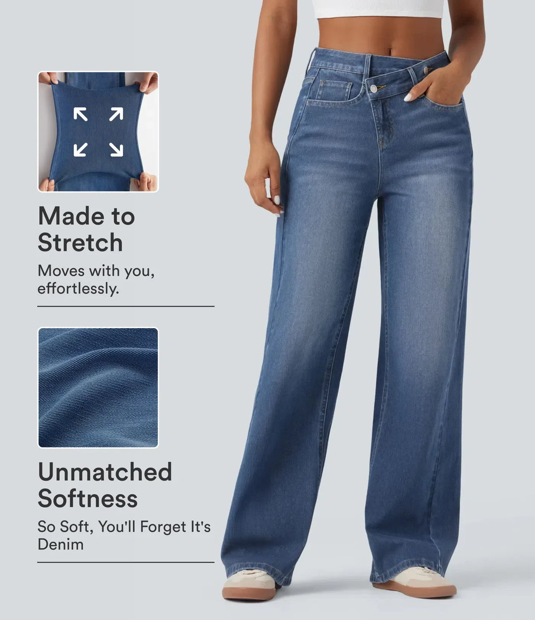 Lyckera Flex asymmetrisk högmidjad tvättad vardaglig baggy jeans med fickor