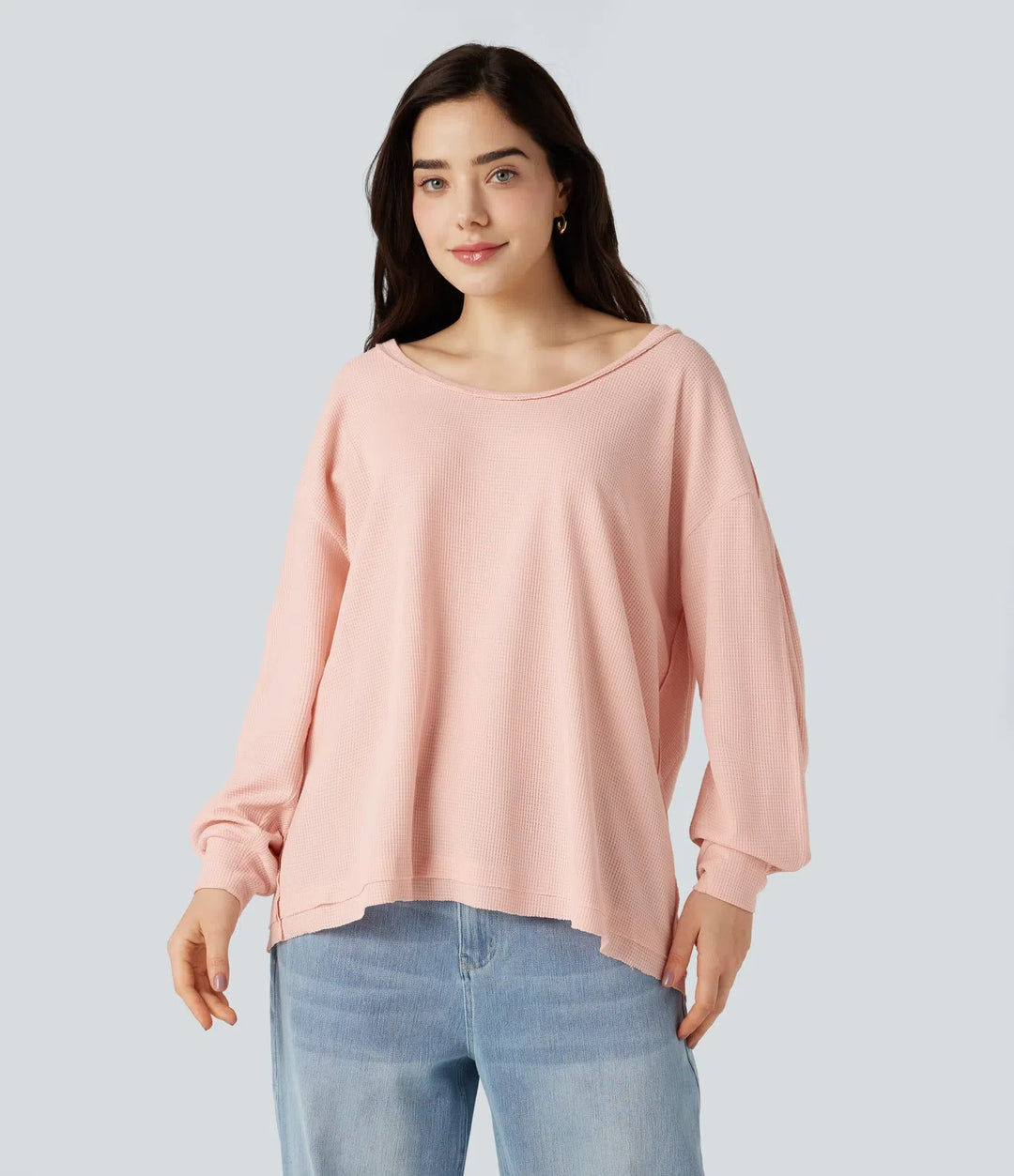Djup rund halsringning långärmad våffelstruktur vardaglig sweatshirt