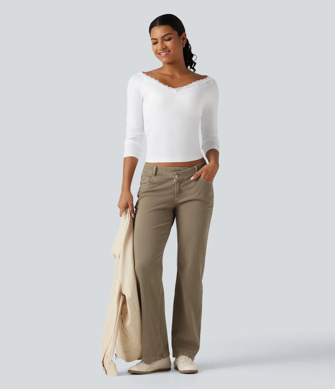 Halara Flex med låg midja asymmetrisk raka ben färgglad vardagsjeans med fickor