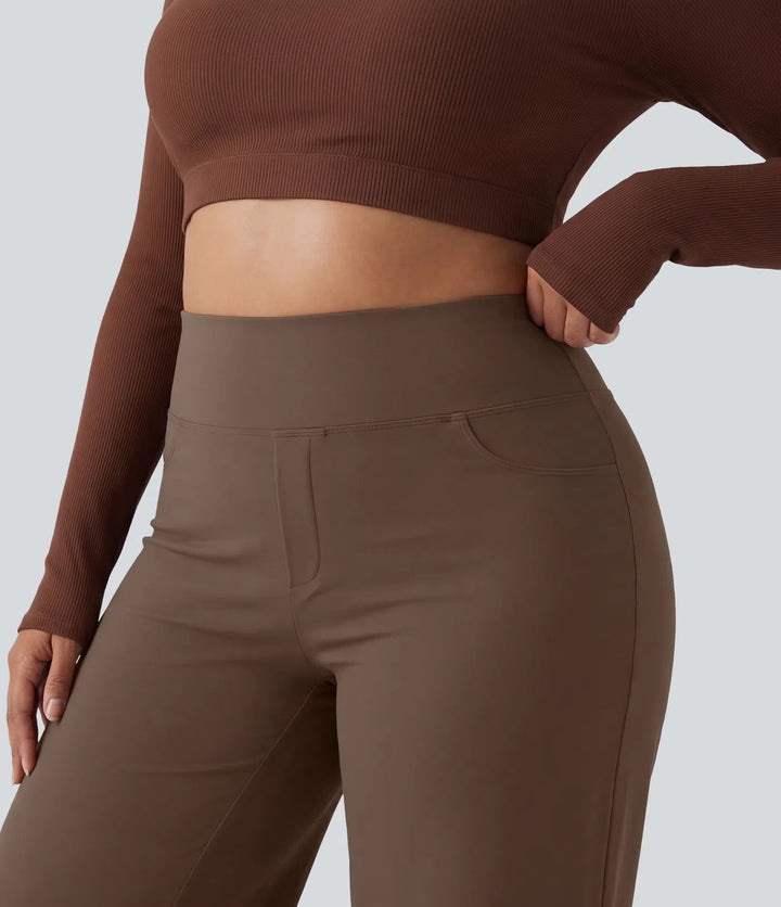 Plusstorlek DayStretch högmidjad magkontroll vida ben baggy yogabyxor med fickor