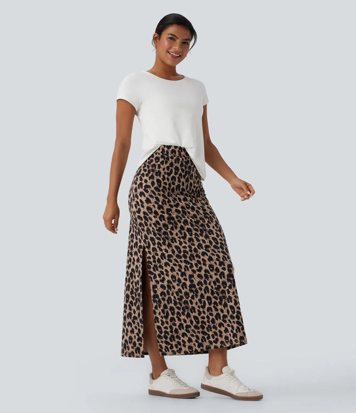Halara UltraSculpt leopardmönstrad med hög midja slits maxi vardagskjol