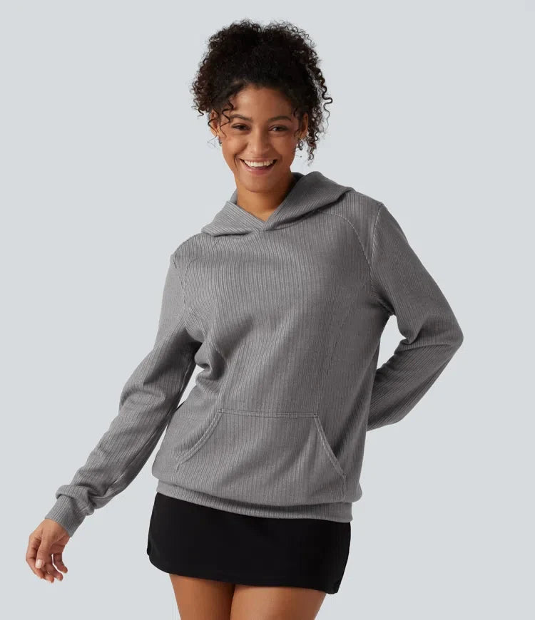 Ribbad med huva långärmad vardaglig sweatshirt med ficka