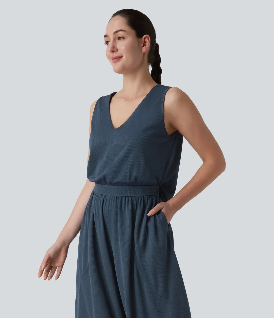 V-ringad fallande våffelstruktur vardaglig jumpsuit med fickor-Easy Peezy Edition