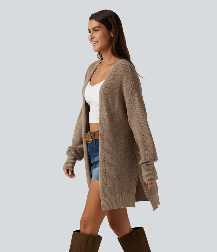 V-ringad öppen front långärmad lång modell vardaglig cardigan