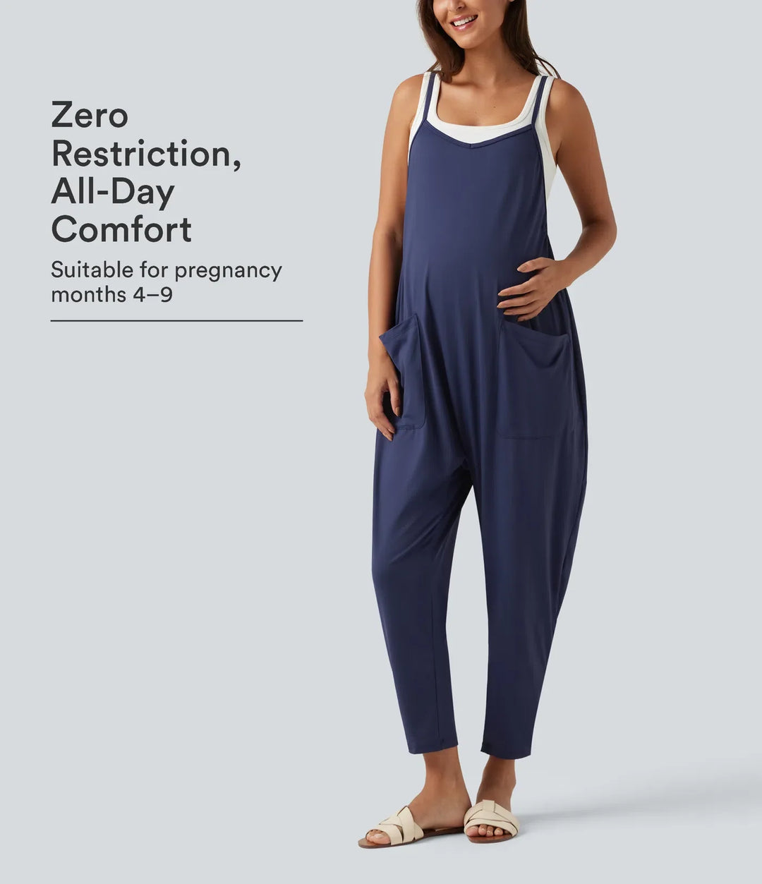 Fyrkantig halsringning avsmalnande vardaglig mamma jumpsuit med fickor