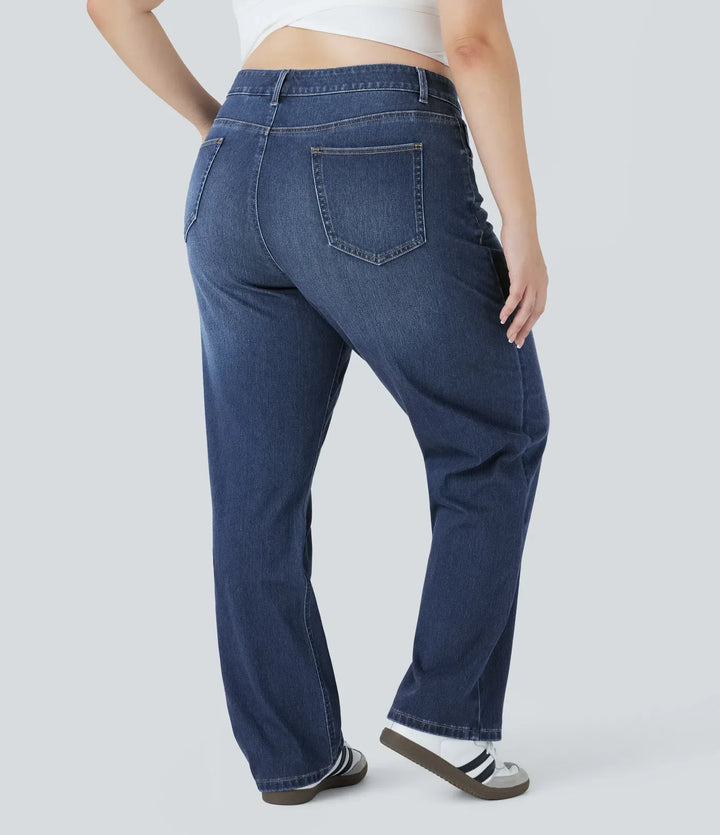 Lyckera Flex högmidjad fickor raka ben tvättad vardaglig plusstorlek jeans