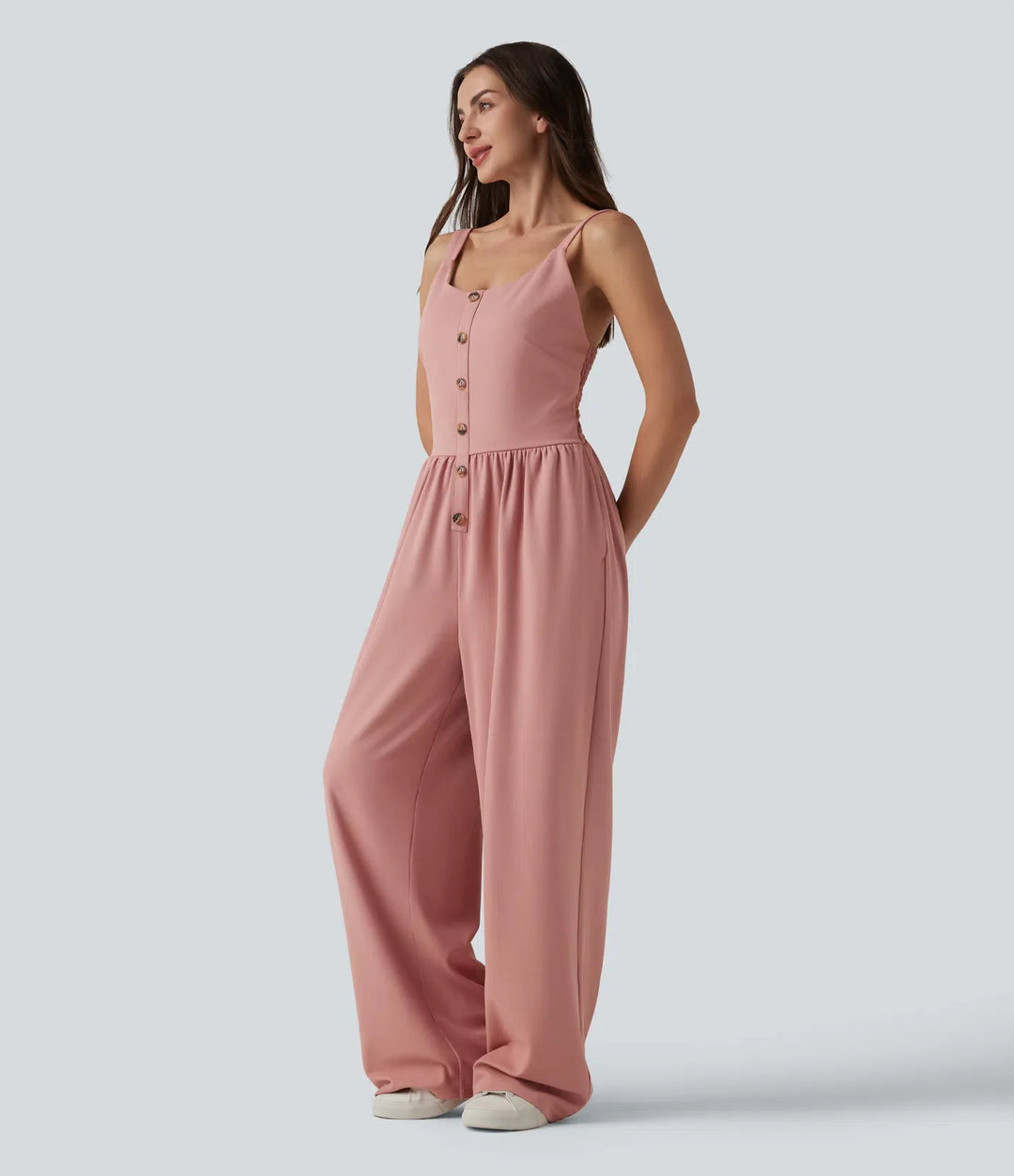 U-ringad ärmlös smockad dekorativ knappar våffelstruktur vardaglig vida ben jumpsuit med fickor-Easy Peezy