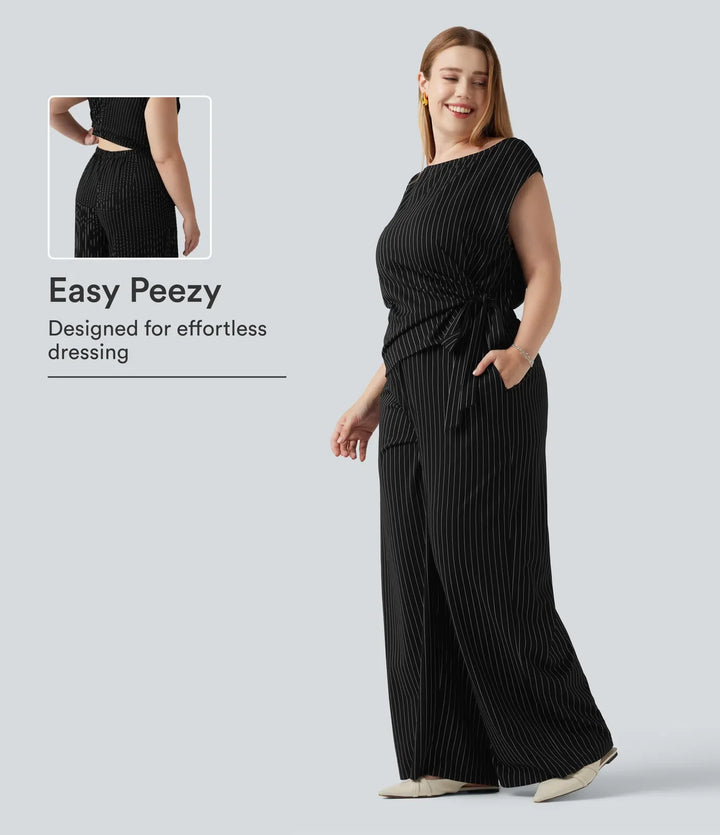 Plusstorlek båtringning ärmlös knyt sida InstantCool rand för arbete jumpsuit med fickor – Easy Peezy-utgåva